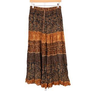 VTG Boho Maxi Skirt M Leopard Print Crinkle Cotton Brown Indie Festival Tiered